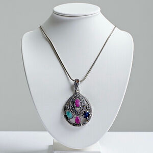 Vintage Sterling Silver Marcasite, Ruby, Sapphire, Aventurine Teardrop Necklace